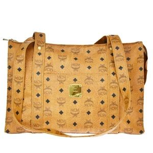 Authentic MCM Logo Shoulder Tote Bag Leather Brown Gold Plated Made In Germany